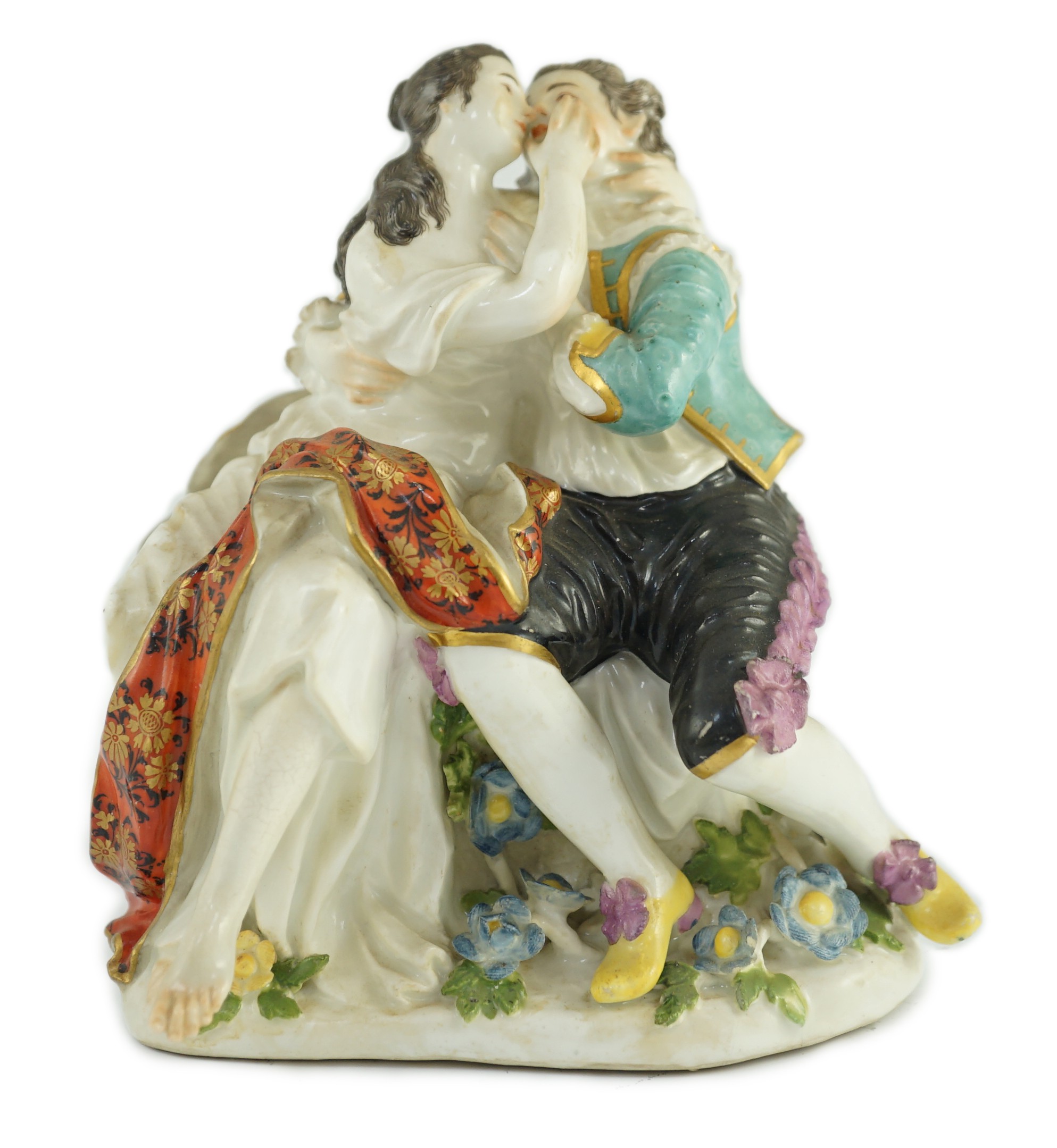 A Meissen porcelain group of lovers, c.1740, 13cm high, restored leg, Provenance - purchased from Winifred Williams, Eastbourne/London before 1970.